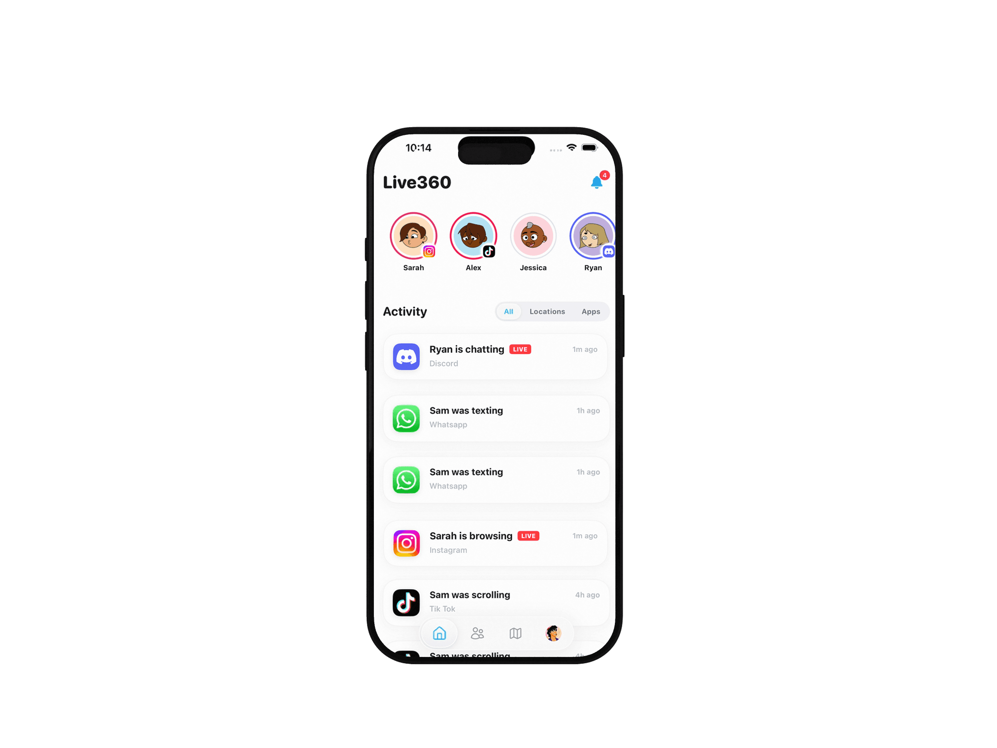 Onlive activity feed with friend avatars and live Discord, WhatsApp, Instagram, and TikTok statuses.
