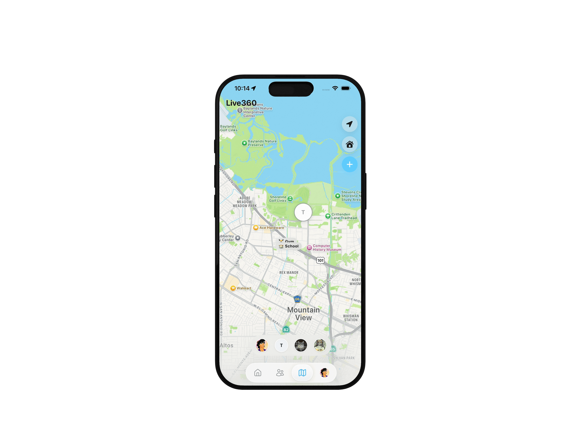 Onlive live map with friend locations, saved places, and circle navigation.